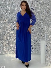 Элегантное платье в пол с глубоким декольте и гипюровыми рукавами, размер батал в цвете электрик