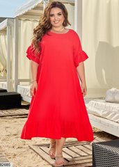 Льняное летнее платье красное средней длины на короткий рукав с оборками в размере 48-50, 52-54, 56-58, 60-62, 64-66