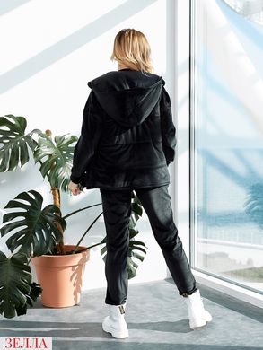 Женский утепленный спортивный однотонный велюровый костюм тройка кофта+штаны+жилетка цвет черный размеры 42-44, 46-48