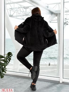 Женский утепленный велюровый спортивный костюм тройка с жилеткой интересного кроя, черного цвета в размерах 48-50 и 52-54