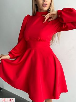Лаконичное платье под шею с рукавами фонариками, размеры 42-44, 46-48, цвет красный