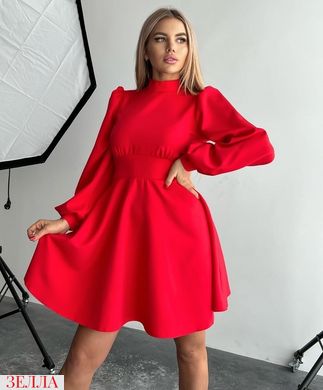 Лаконичное платье под шею с рукавами фонариками, размеры 42-44, 46-48, цвет красный