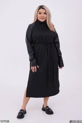 Трикотажна сукня прямого силуету з вставками з еко шкіри в розмірі 48-52, 54-58, колір чорний.