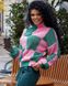 Женский вязанный шерстяный свитер зеленого/розового цвета в универсальном размере 42-46