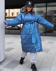 Зимовий жіночий пуховик-ковдра оверсайз з капюшоном синього кольору в розмірі 48-52, 54-58