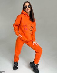 Утепленный, спортивный костюм на флисе, размер 42-44, 46-48, цвет оранжевый + принт машинная вышивка