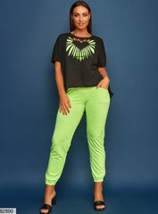 Модный женский летний костюм тройка брюки+топ+туника цвет салатовый неон/черный хлопковый трикотаж в размере 48-50, 52-54