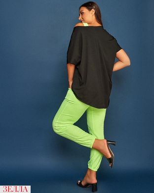 Модный женский летний костюм тройка брюки+топ+туника цвет салатовый неон/черный хлопковый трикотаж в размере 48-50, 52-54