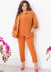 Женский костюм тройка: брюки+майка+рубашка оранжевого цвета из софта в размере 48-50, 52-54, 56-58