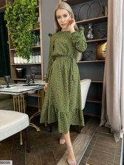 Жіноча сукня середньої довжини - міді із шовкового софту колір зелений/ світлий принт у розмірі 42-44, 46-48