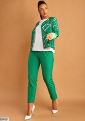 Женский деловой костюм тройка брюки+блузка+жакет зеленого цвета с перфорацией в размере 50, 52, 54, 56