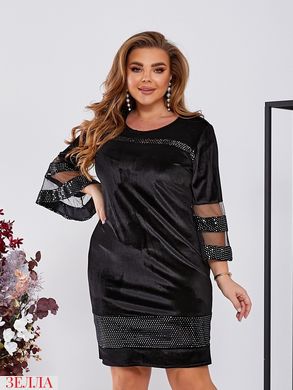 Однотонна оксамитова сукня середньої довжини - міді декор паєтками в розмірі 48-50, 52-54, 56-58, 60-62, колір чорний з паєткою срібло.