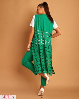 Женский деловой костюм тройка брюки+блузка+жилет зеленого цвета с перфорацией в размере 50, 52, 54, 56