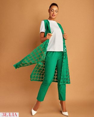 Женский деловой костюм тройка брюки+блузка+жилет зеленого цвета с перфорацией в размере 50, 52, 54, 56