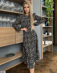 Жіноча сукня середньої довжини - міді з шовкового софту колір чорний/принт квітка 42-44, 46-48