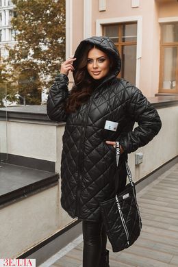 Стёганая удлиненная женская куртка с капюшоном + сумка в размерах 50-52, 54-56, цвет черный