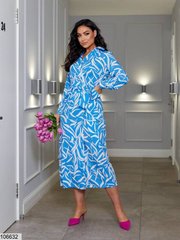 Сукня на запах із принтованого софту в розмірі 46-48, 50-52, 54-56, колір блакитний.