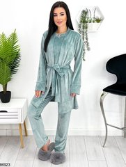 Бірюзовий домашній жіночий комплект-піжама трійка (футболка, штани та халат), трикотажний велюр