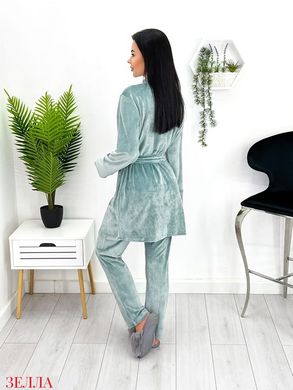 Бирюзовый домашний женский комплект пижама тройка (футболка, брюки и халат), трикотажный велюр