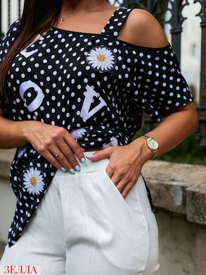 Модний жіночий літній костюм лляні стрейчові штани + блузка із софту на одне плече у розмірі 48-50, 52-54, 56-58