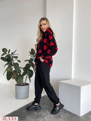 Флісовий спортивний костюм Худі з сердечками+Штани в розмірі 42-44, 46-48, 50-52, колір чорний з червоними сердечками.