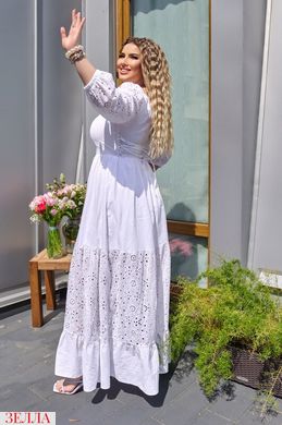 Сукня А-силуету комбінована із прошви та льону в розмірі 48-50, 52-54, 56-58, колір білий.