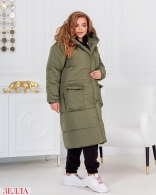 Тепле жіноче зимове пальто на змійку та кнопки у розмірах 50-52 і 54-56 кольору хакі