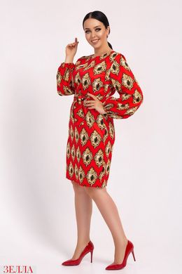 Принтована романтична сукня з довгим рукавом, розміри 46-48; 50-52; 54-56; 58-60, колір червоний