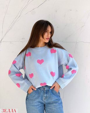 Ніжний светр "Сердечка" в універсальному розмірі 42-46, колір блакитний.