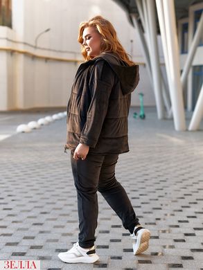Женский утепленный спортивный однотонный велюровый костюм тройка кофта+штаны+жилетка цвет черный размеры 50-52, 54-56
