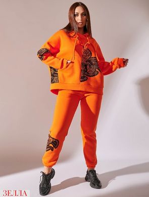 Однотонный женский утепленный трикотажный с начесом спортивный костюм свободного кроя, цвет оранжевый, в размере 48-50, 52-54, 56