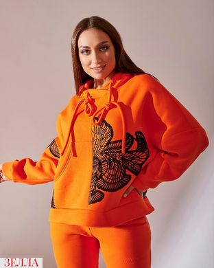 Однотонний жіночий трикотажний утеплений з начосом спортивний костюм вільного крою, колір помаранчевий, в розмірі 48-50, 52-54, 56