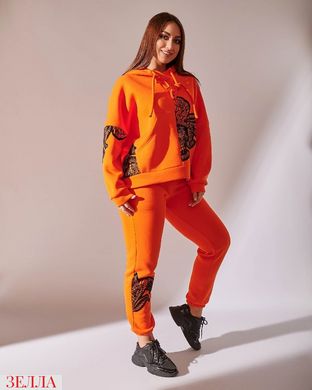 Однотонний жіночий трикотажний утеплений з начосом спортивний костюм вільного крою, колір помаранчевий, в розмірі 48-50, 52-54, 56
