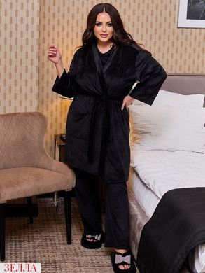 Велюровий домашній жіночий комплект трійка (футболка, штани та халат), колір чорний