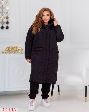 Теплое женское зимнее пальто на змейку и кнопки в размерах 50-52 и 54-56 черного цвета